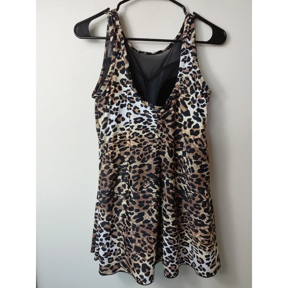 Swimsuits For All Leopard  Swim Dress Halter One Piece Sz 14 NWOT Beach Vaca